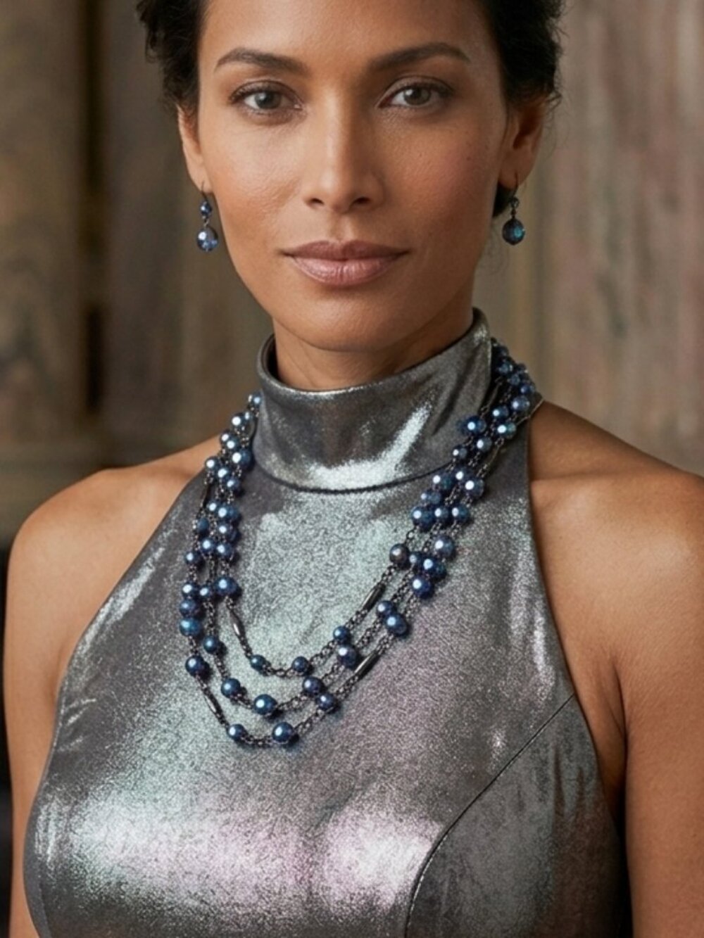 Lia Sophia “Midnight Sky” Dark Bluish-Black Beads Triple Strand Necklace
